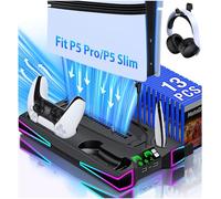Support pour PS5 LED RVB et station de refroidissement PS5 avec double contrôleur de charge, 3 vitesses réglables pour PS5/Slim/Pro, accessoires Playstation 5 PS5 avec support pour casque et