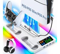 Support pour PS5/PS5 Slim/PS5 Pro, avec crochet pour casque, support de refroidissement et Station de charge pour contrôleur, avec ventilateur de refroidissement à 3 niveaux