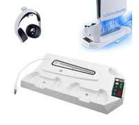 Support pour PS5/PS5 Slim/PS5 Pro avec ventilateur à 3 niveaux et 3 ports USB supplémentaires, support PS5, station de charge intégrée avec affichage LED et support pour casque pour PS5/PS5 Slim