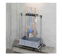 Support pour serpillères et balais - Double rangée de rangement en acier inoxydable pour serpillères, outils à long manche, râteaux et balais - Chariot à outils amovible sur pied