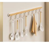 Support pour Ustensiles de Cuisine en Bois et Fer - Barre de Suspension Murale Sans Perçage pour Cuillères, Planches à Découper, Poêles