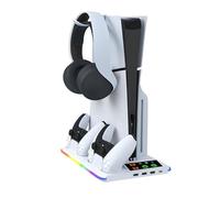 Support PS5 pour PS 5/PS5 Slim - Station Vertical Ventilateur de Refroidissement à 3 Vitesses, 2 Chargeur Manette PlayStation, Lumière RVB, Socle PS Cinq avec 3 Ports USB et Crochet pour Casque