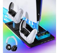 Support PS5 pour PS5/Slim avec Ventilateur de Refroidissement à 3 Vitesses, 3 Ports USB Chargeur Manette avec Lndicateur RVB, Refroidisseur pour Playstation5 Digital/Disc Edition(Noir)