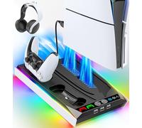 Support PS5/ PS5 Slim/ PS5 Pro pour Disque et Digital, Station de Refroidissement avec Ventilateur à 3 Niveaux, Chargeur de Manette PS5 pour Manette PS5 et Edge, Accessoires PS5/Slim/Pro