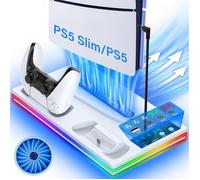 Support PS5, PS5Pro/Slim avec Ventilateur de Refroidissement à 3 Vitesses Chargeur Manette PS5 Station de Recharge Avec 2 Ports USB