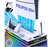Support PS5 Slim avec Lumière LED, Accessoire avec Ventilateur à 3 Vitesses/Chargeur Manette/Crochet pour Casque/4 Prises USB C, pour Édition Disc et Numérique