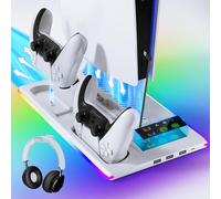 Support PS5 Slim avec Ventilateur de Refroidissement à 3 Vitesses, 3 Ports USB Chargeur Manette, Indicateur RVB - pour Playstation 5 Digital/Disc Edition