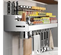 Support Rangement Ustensiles de Cuisine/Porte-épices,Étagère de Cuisine Porte-Casserole Murale sans Perçage,Aluminium, Antirouille,Mural avec 6 Crochets Amovibles,Argent 50CM