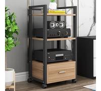 Support réglable à 4 niveaux sur roulettes avec support en acier stable et naturel, parfait pour home cinéma et systèmes de divertissement 50 x 40 x 100 cm