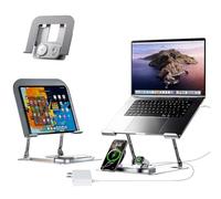 Support réglable pour ordinateur portable avec chargeur sans fil, station de charge 3 en 1 pour téléphone et montre, rehausseur ergonomique en aluminium avec lumière LED, charge rapide Qi2 (argenté)