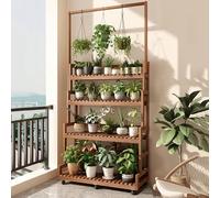 Support roulant à 4 niveaux pour plantes, étagère échelle en bois avec barre de suspension, support de pot de fleurs d'intérieur et d'extérieur, présentoir de jardin pour balcon et cour (100 cm)