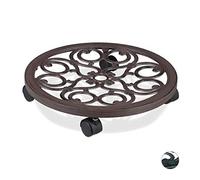 Support Roulant Plantes Rond, Lot de 2, en métal, Plateau Roulant Pots à Fleurs, Aspect Antique, Brun