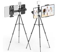 Support Tablette pour Trépied,Réglable en Hauteur jusqu'à 62.99", Trépied pour iPad avec Tête Sphérique 1/4" Pivotante pour LED Ring Light,Support pour Tablettes avec 2 Porte Tablette 4,7-12,9".