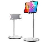 Support Tablette Réglable, SAIJI Support iPad avec Grande Base Stable, Support téléphone Bureau Angle et Hauteur Réglable Compatible avec 4,7-12,9" Iphone iPad Pro Air Mini (Argent)