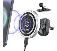 Support Téléphone Voiture Magnétique Argent, Fixation à Crochet Stable, Charge sans Fil Induction pour iPhone 17 16 15 14 13 12 Pro Max, Aluminium Premium