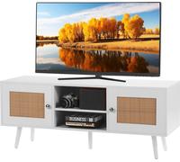 Support TV en rotin - Armoire TV Boho pour téléviseur 140 cm - Console TV rétro avec étagères réglables & 2 portes - Idéal pour le salon et la salle multimédia - Blanc