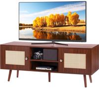 Support TV en rotin - Armoire TV Boho pour TV 140 cm - Console TV rétro avec étagères réglables et 2 portes - Idéal pour le salon et la salle multimédia - Noyer
