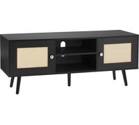 Support TV en rotin, armoire TV Boho pour TV 140 cm, support TV rétro, console TV en rotin avec étagères réglables & 2 portes, pour salon, salle multimédia, noir