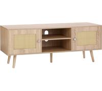 Support TV en rotin, armoire TV Boho pour TV 140 cm, support TV rétro, console TV en rotin avec étagères réglables & 2 portes, pour salon, salle multimédia, chêne