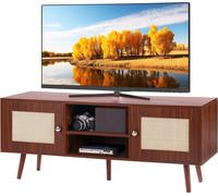 Support TV en rotin, armoire TV Boho pour TV 140 cm, support TV rétro, console TV en rotin avec étagères réglables & 2 portes, pour salon, salle multimédia, noix