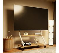 Support TV mobile sur roulettes avec panneau perforé de rangement et deux étagères en bois, support TV robuste, capacité charge jusqu'à 80 kg, chevalet portable réglable hauteur(White,Medium)