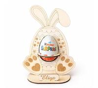 Support Œuf Kinder Personnalisé en Bois - Lapin de Pâques avec Prénom - Support Chocolat Type Kinder Surprise - Décoration de Table Pâques - Chasse aux Œufs Enfant - 13,5 x 19 cm (Œuf non inclus)