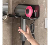 Support universel pour sèche-cheveux - Support de rangement mural pour sèche-cheveux, sans perforation, avec prise et cordon d'alimentation, autocollant pour armoire de salle de bain (noir)