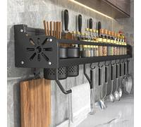 Support ustensiles de cuisine mural, étagère à épices avec crochets, étagère murale suspendue pour spatule et cuillère, organiseur de pots à épices de 50 cm, porte-couteaux et rangement pour outils