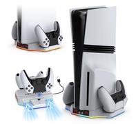 Support Vertical PS5 Pro/Slim avec Station de Charge pour Manette et Ventilateur à 3 Niveaux - Chargement Simultané de Trois Appareils