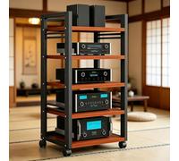 Support Vidéo Mobile Meuble HiFi À 5/7 Niveaux, Hauteur Réglable, en Bois Et Acier avec roulettes Et Étagères, Meuble Vinyle Rangement，Meuble Tourne Disque pour Salon(Teak,5tier)