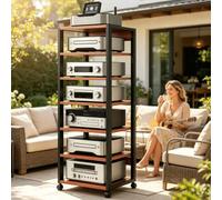 Support Vidéo Mobile Meuble HiFi À 5/7 Niveaux, Hauteur Réglable, en Bois Et Acier avec roulettes Et Étagères, Meuble Vinyle Rangement，Meuble Tourne Disque pour Salon(Teak,7tier)