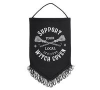 Support Your Local Witch Coven Bannière | Décoration murale en tissu à suspendre | Décoration d'autel gothique | Design balai | Cadeau sorcière