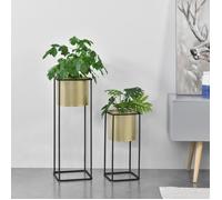 [en.casa] Lot de 2 Supports de Plante Set Cache-pot Pot de Fleur Bac à Fleurs Vase Métal Tailles Différentes Noir Doré