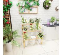 Supports de pots de fleurs,Présentoir à fleurs à roulettes - 3 niveaux, 9 seaux, support mobile pour plantes, pour intérieur, extérieur, patio, jardin, salon, fleuriste(Gold shelf black bucket,Small)