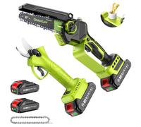 Supstable Mini Tronçonneuse 6 Pouces/Sécateur Électrique Sans Fil 33 mm, 2-en-1 Kit Outil de Jardin avec 2 × 2000 mAh Batteries, Moteur Brushless, Idéal pour Coupe de Troncs et Branches