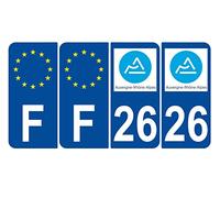 Supstick 4 Stickers Autocollants Plaques Immatriculation Auto Dept 26 Auvergne Rhône Alpes Bleu Foncé Angles Arrondis