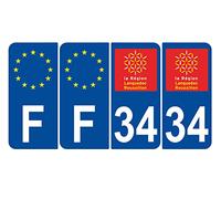 Supstick 4 Stickers Autocollants Plaques Immatriculation Auto Dept 34 Languedoc Roussillon Bleu Foncé Angles Arrondis