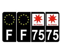 Supstick 4 Stickers Autocollants Plaques Immatriculation Auto Dept 75 Ile de France Noir Angles Arrondis