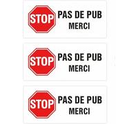 SupStick Finoly Stop Pub Pack 3 Unités - Pas de Pub Merci est Imperméable - Autocollant Stop Pub Boite aux Lettres 4x8 cm - Stickers Pas de Publicité Boite