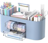 SUPTIDY Organiseur de bureau avec porte-stylos, organisateur de stylos à 10 compartiments avec 3 tiroirs, organisateur de bureau en plastique et accessoires pour l'organisation et le rangement du