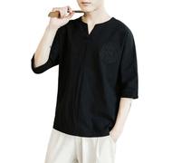 SUPTTING Chemise en lin noir pour homme, haut chinois traditionnel, chemise brodée pour les loisirs, chemise d'été ample, chemise ethnique, chemise de plage aérée, chemise tunique élégante, Stil-q01