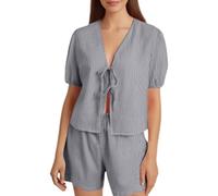 SUPTTING Chemisier portefeuille féminin aéré pour femme - Détail à nouer sur le devant - Manches bouffantes - Crop Top Cottagecore décontracté à manches courtes - Motif rayé - Col en V - Haut d'été