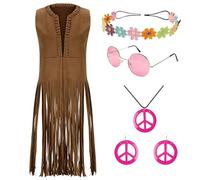 SUPTTING Costume complet de carnaval pour femme - Attrayant - Franges - Sans manches - Avec accessoires - Tenue de fête hippie des années 70 - Symbole de paix bohème - Lunettes de soleil rondes - Look