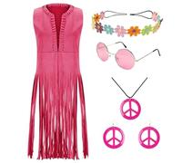 SUPTTING Costume complet de carnaval pour femme - Attrayant - Franges - Sans manches - Avec accessoires - Tenue de fête hippie des années 70 - Symbole de paix bohème - Lunettes de soleil rondes - Look