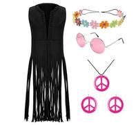 SUPTTING Costume complet de carnaval pour femme - Attrayant - Franges - Sans manches - Avec accessoires - Tenue de fête hippie des années 70 - Symbole de paix bohème - Lunettes de soleil rondes - Look