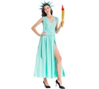 SUPTTING Costume de statue de la liberté pour femme - Accessoire de torche emblématique et élégant - Robe à thème patriotique classique drapée - Déguisement américain pour fête du jour de