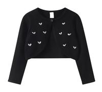 SUPTTING Élégant et mignon Boléro Fille Manches Longues Ouvert Devant Cardigan Classique Chic Festif Jäckchen Papillon Appliques Col Rond Cardigan pour Communion, Style-G01 Noir, 5-6 ans
