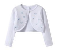 SUPTTING Élégant et mignon Boléro Fille Manches Longues Ouvert Devant Cardigan Classique Chic Festif Jäckchen Papillon Appliques Col Rond Cardigan pour Communion, Style-G04 Blanc, 7-8 ans