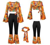 SUPTTING Ensemble de pantalon évasé pour femme - Style rétro des années 70 - Col Carmen - Bandeau assorti - Deux pièces - Style bohème psychédélique - Paisley - Manches larges - Costume hippie pour