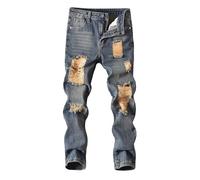 SUPTTING Jean décontracté tendance pour garçon - 5 poches - Fermeture à boutons - Look usé - Streetwear - Points déchirés - Tache de couleur - Pantalon de loisirs - Coupe ajustée - Pour l'école